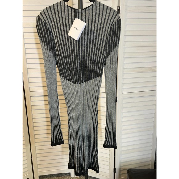 SOLD-Balmain Metallic Rib Knit Long Sleeve Sheath Dress Black Gra IT 40 NWT - Picture 3 of 13